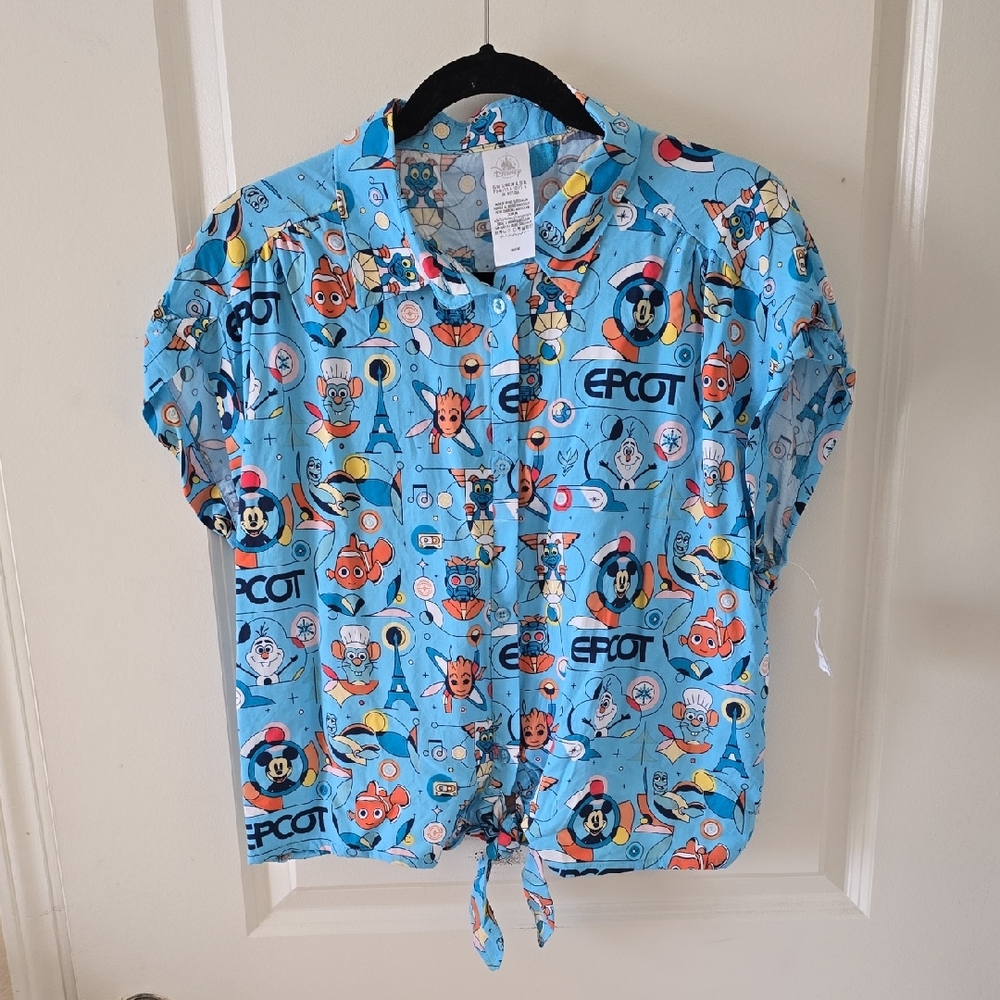 Disney Parks Epcot Light Blue Character Tie-Front Button Down Shirt